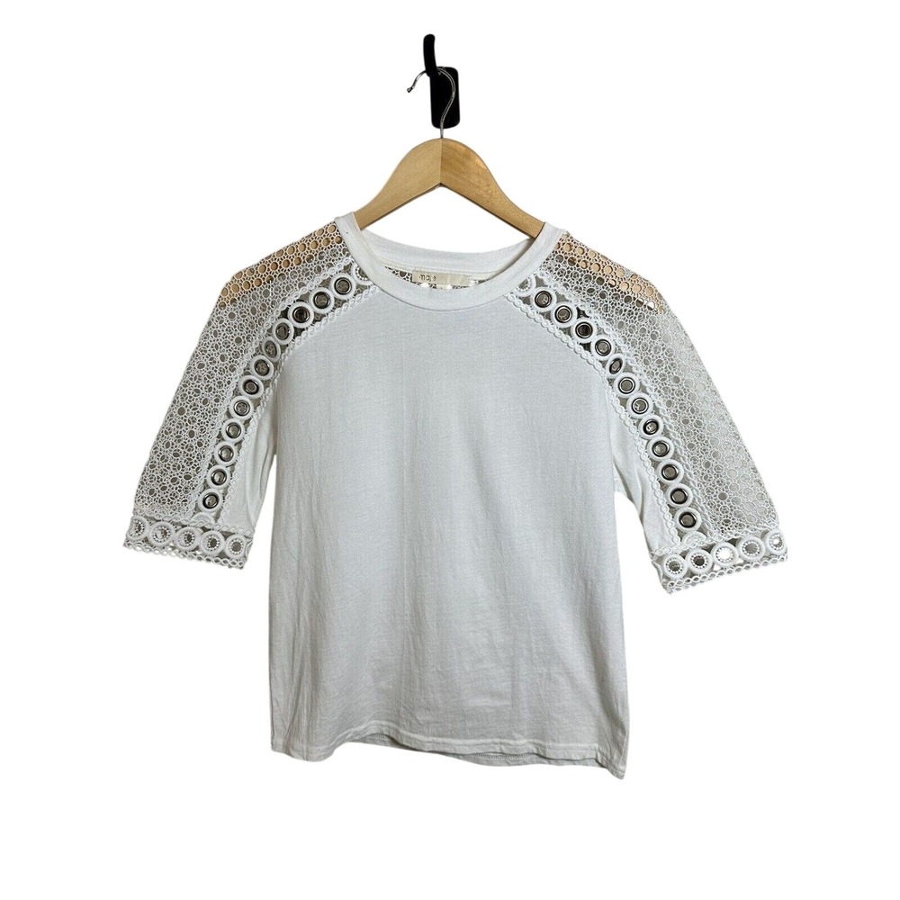 Maje T-Shirt Womens 1 White Eyelet Grommet Lace Short Sleeve Top